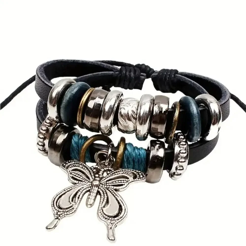 Leather bracelet adjustable butterfly